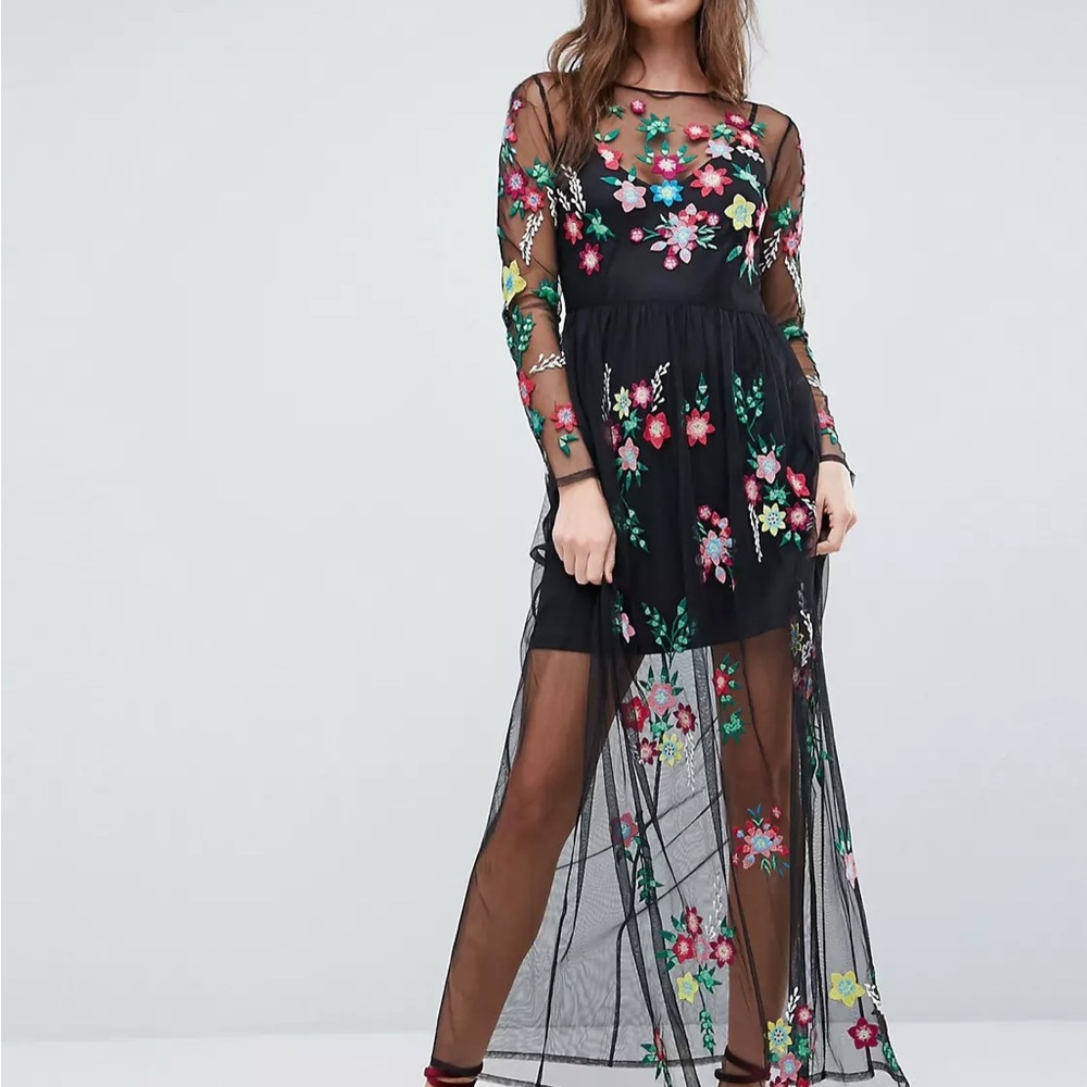 Mesh Maxi Prom Dress with Colorful Floral Embroidery